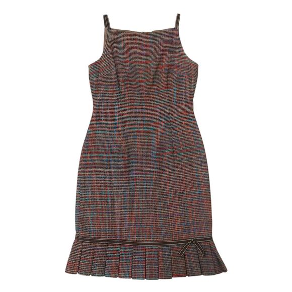 David Meister Dress Womens 8 Brown Sheath 100% Silk Sleeveless Pleated Tweed - Picture 1 of 12